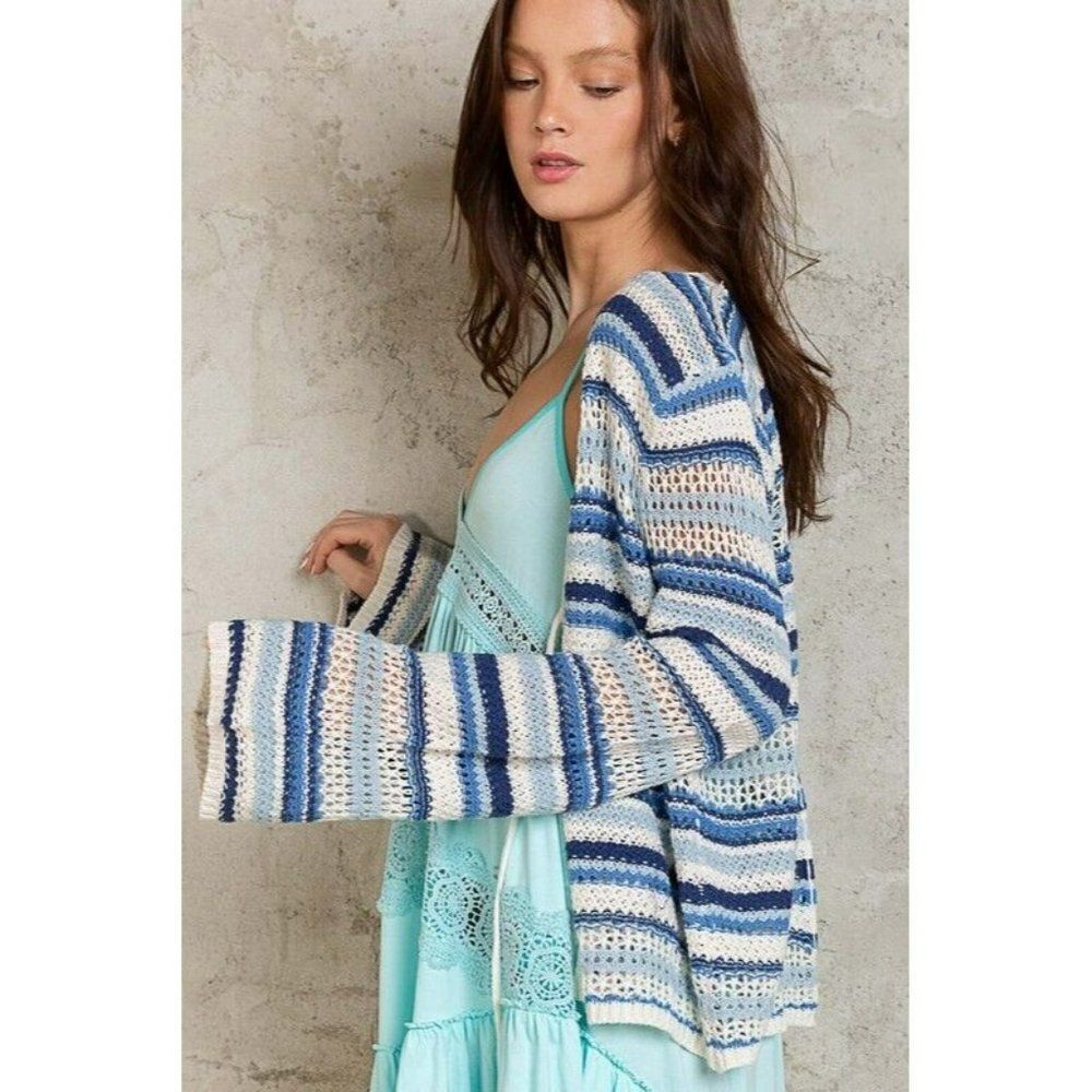 POL Head in the Clouds Lightweight Open Cardigan Sweater in Ivory Blue YST263 - Picture 3 of 4